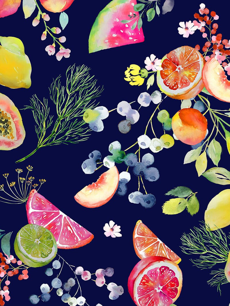 Tutti Frutti Marine Floral Fruit Print Roller Blind