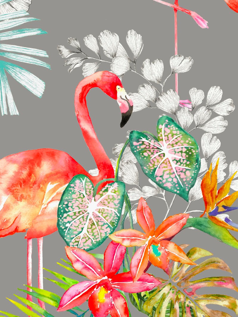 Tropical Flamingo Charcoal Floral Roller Blind