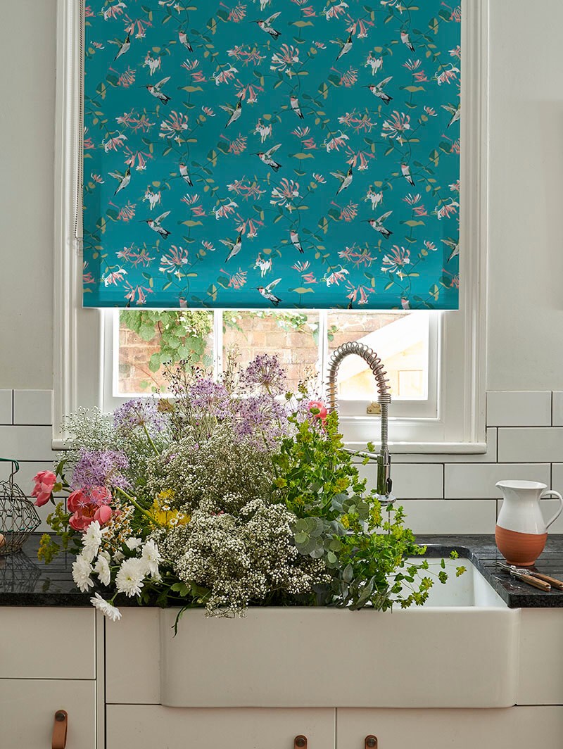 Hummingbird Teal Roller Blind by Lorna Syson