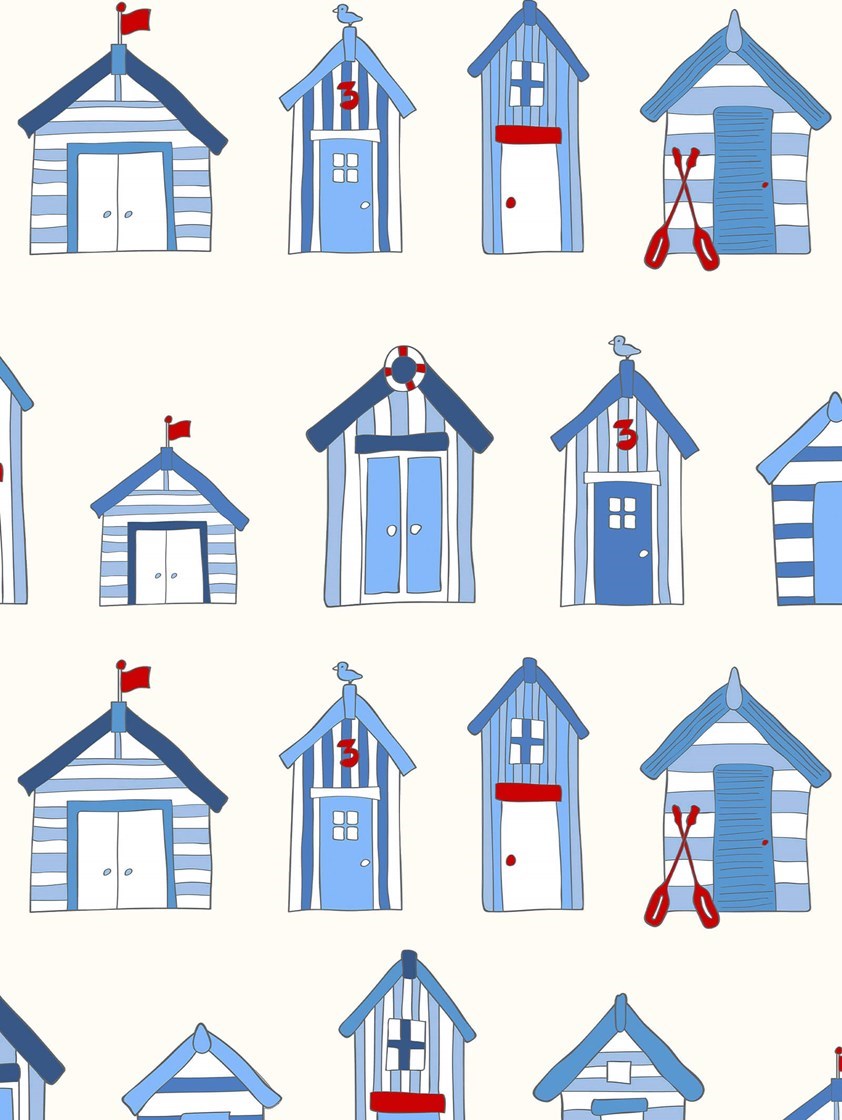 Beach Huts Off White Seaside Roller Blind