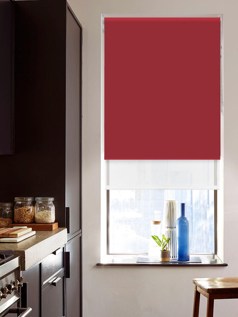 Blackout Garnet Red and Sheer White Double Roller Blind