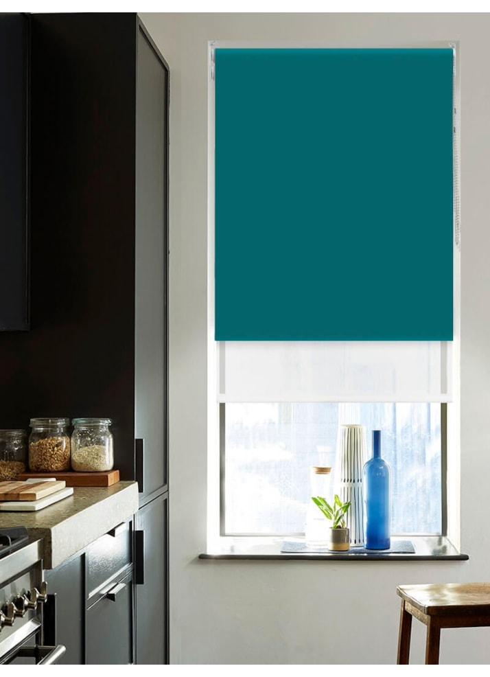 Blackout Tiki Teal and Sheer White Double Roller Blind