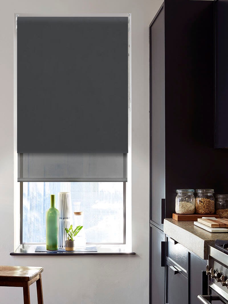 Blackout Zinc and Sheer Dark Grey Double Roller Blind