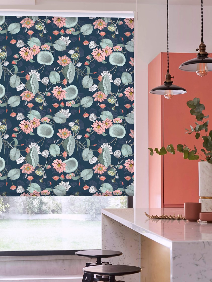 Sacred Lotus Marine Floral Roller Blind by Boon & Blake