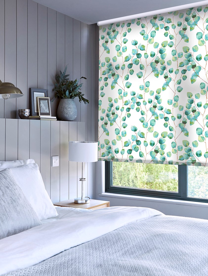 Climbers Aqua Floral Leaf Roller Blind