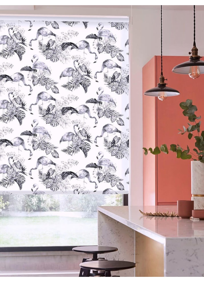 Tropical Flamingo Black & White Floral Roller Blind