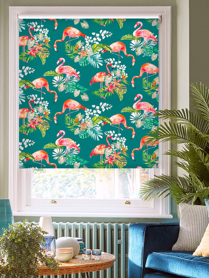 Tropical Flamingo Teal Floral Roller Blind