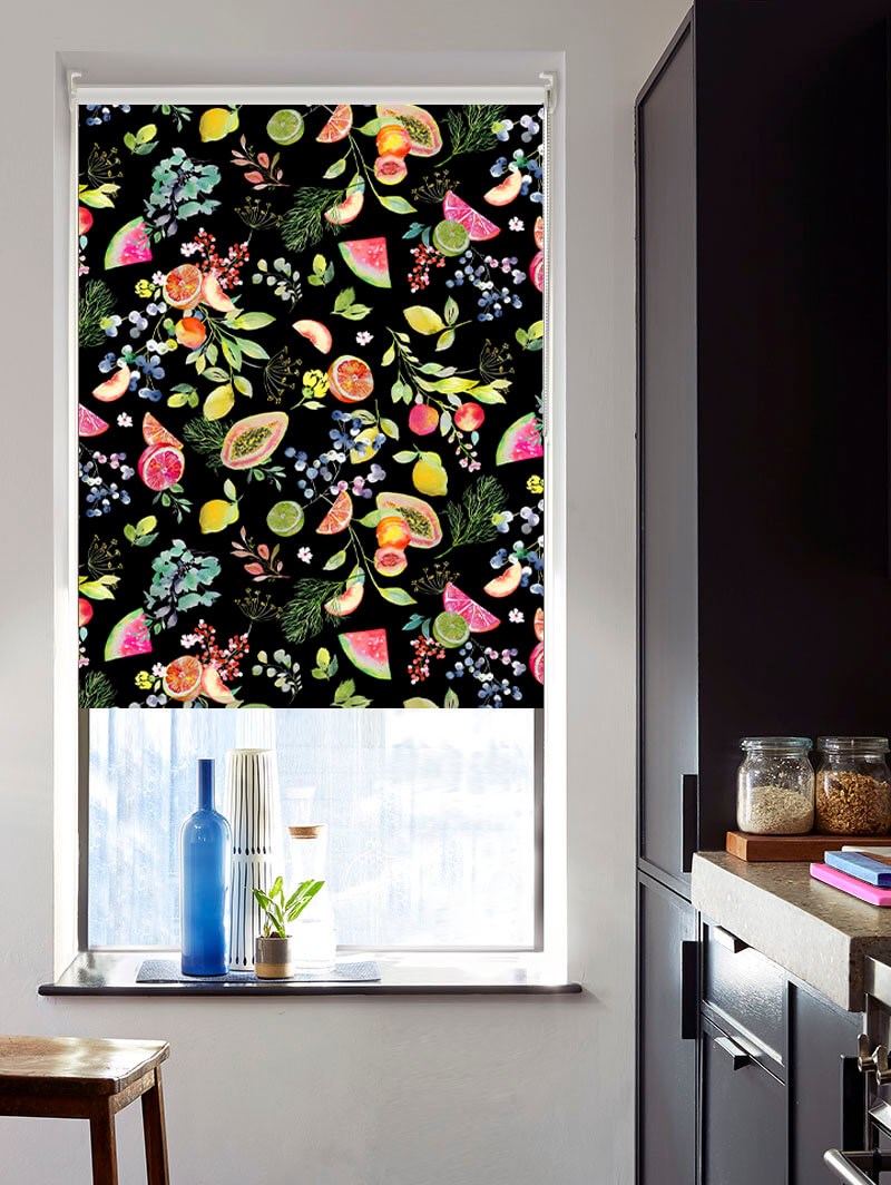 Tutti Frutti Black Floral Fruit Print Roller Blind