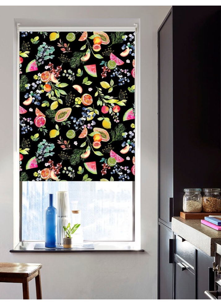 Tutti Frutti Black Floral Fruit Print Roller Blind