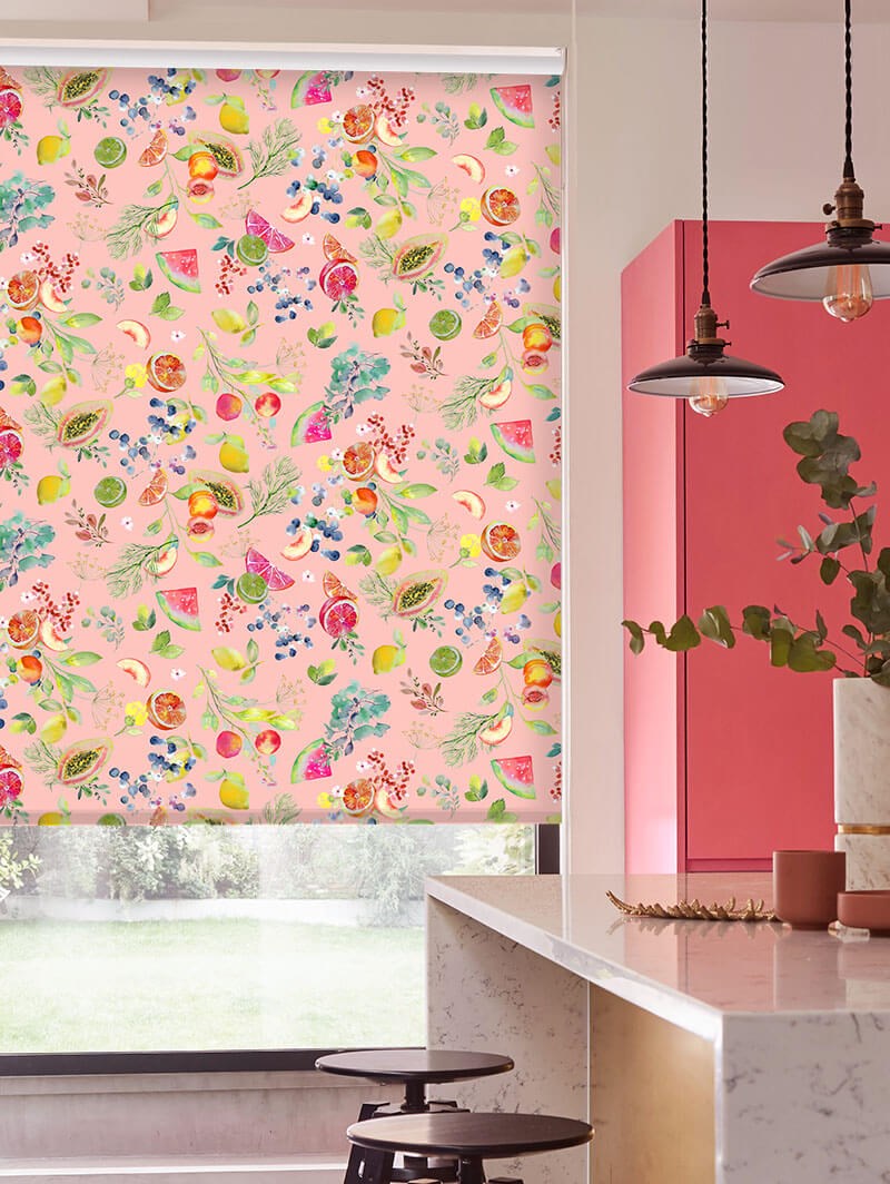 Tutti Frutti Blush Pink Floral Fruit Print Roller Blind