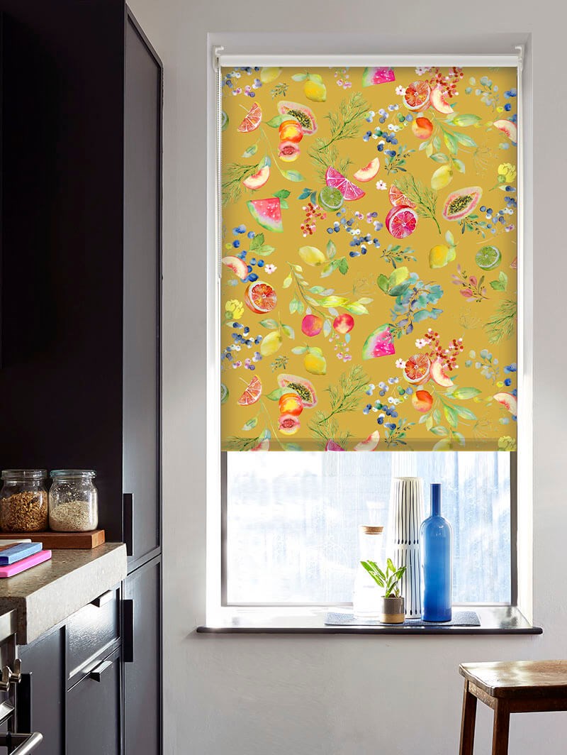 Tutti Frutti Mustard Floral Fruit Print Roller Blind