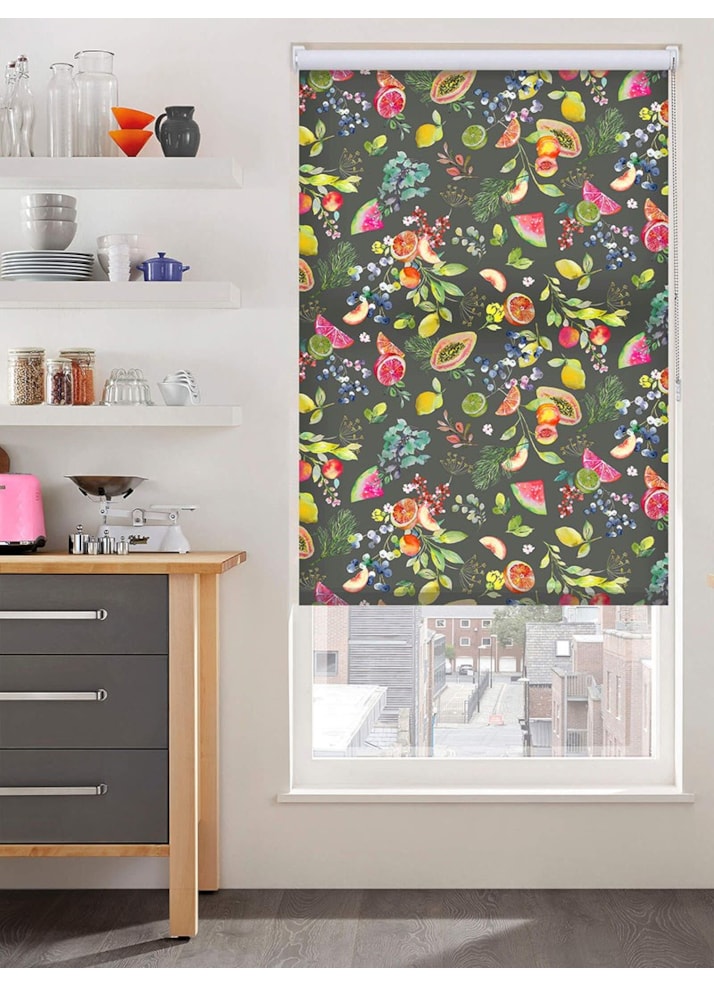 Tutti Frutti Slate Grey Floral Fruit Print Roller Blind