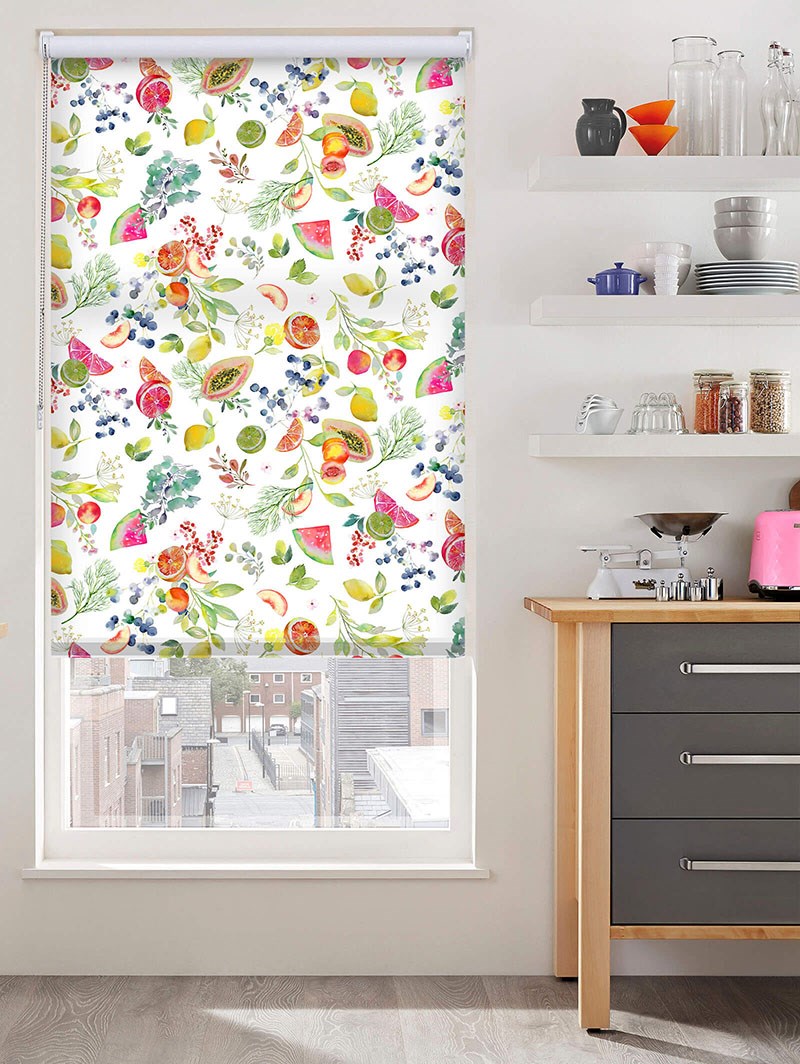 Tutti Frutti White Floral Fruit Print Roller Blind