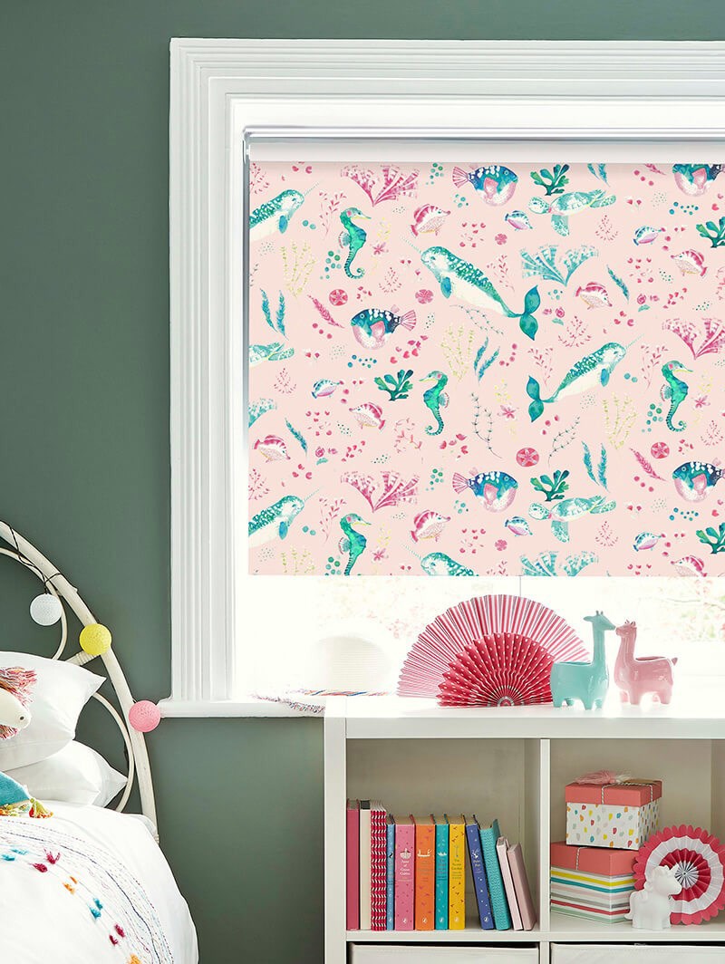 Enchanted Ocean Blush Cordless Spring Loaded Roller Blind