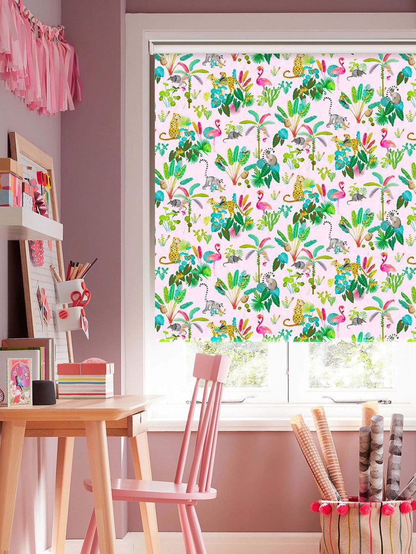 Jungle Jamboree Blush Cordless Spring Loaded Roller Blind