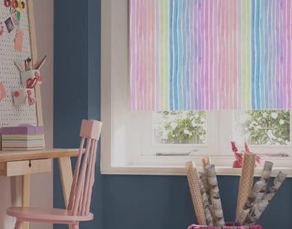 Childrens blackout roller blinds available in a range of patterned and plain fabrics.